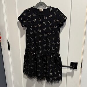 Crewcuts Black Dress with Gold Bow Accents and Tulle Trim